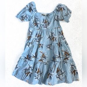 Nordstrom baby doll blue tropical Palm trees smock puffy sleeves brown medium 6